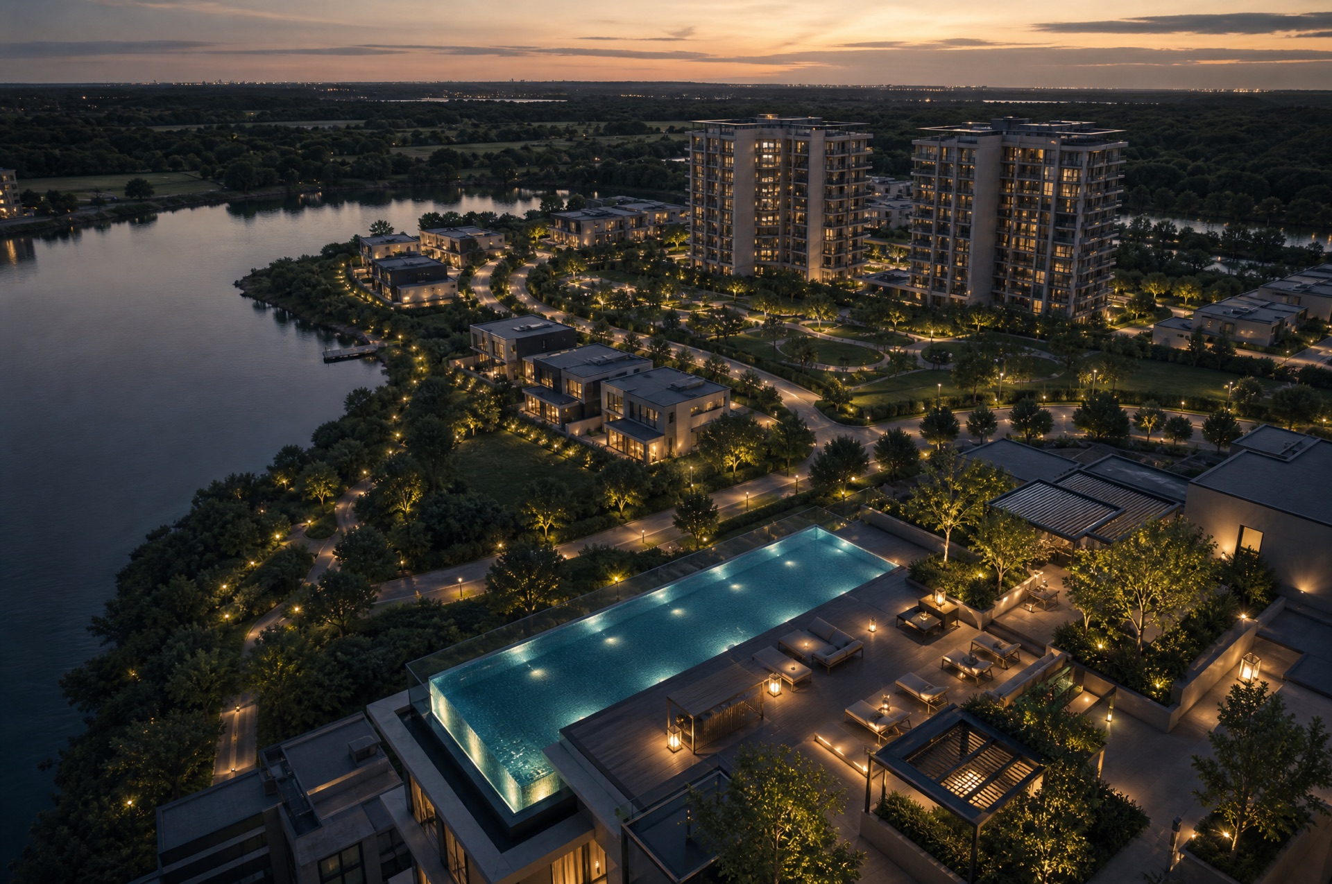 ACE Sector 150 — aerial view of the gated community, rooftop pool and landscaped gardens at dusk